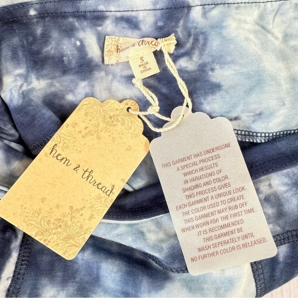Hem & Thread Blue Tie Dye High Waist Biker Shorts w Thigh Pockets & Raw Hem NEW